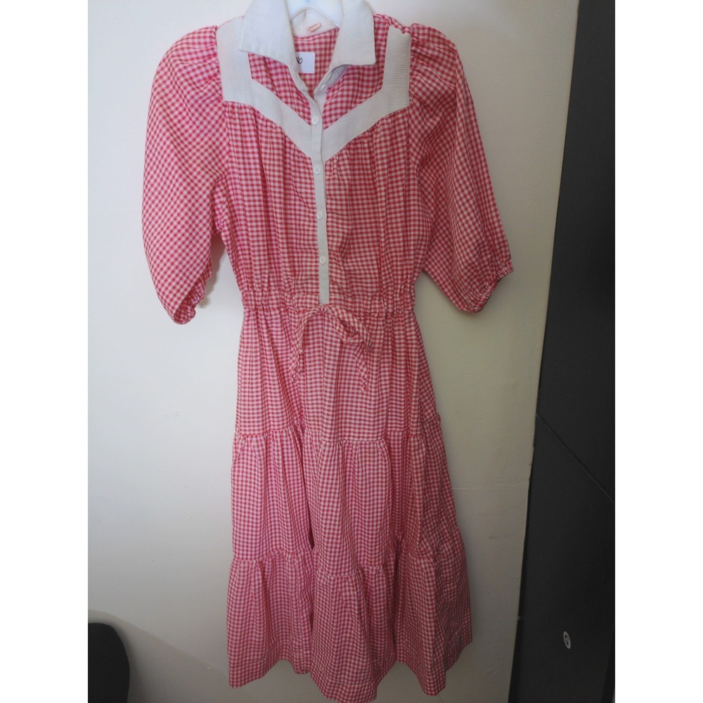 Vintage Gingham Maxi Dress Women Size 11 Red White Sailor Collar Tiered Picnic